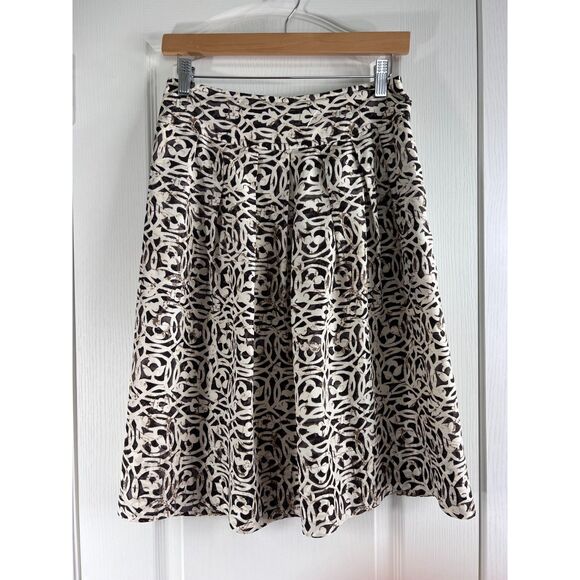 Banana Republic Women's Silk Pleated Skirt Brown Cream Print Size 2 - Picture 1 of 12